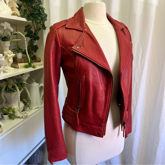 Lucky Brand 100% Lamb Leather Red Moto Jacket - Picture 2 of 16